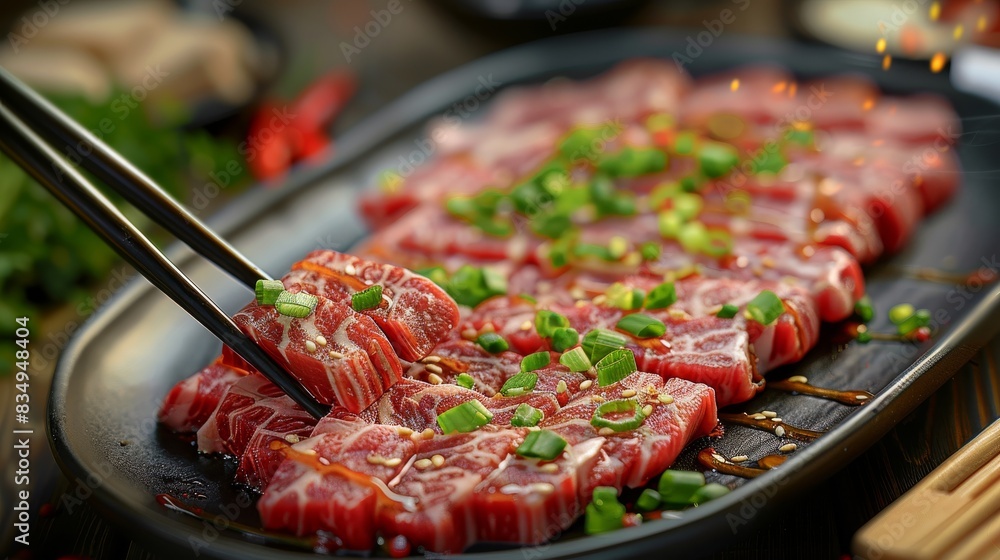 A platter of sliced beef being held up in the style of chopsticks. The meat is juicy and red in color with pink marbling. It is cut into large strips and arranged on top of each other. Generative AI. A platter of sliced beef being held up in the style of chopsticks. The meat is juicy and red in color with pink marbling. It is cut into large strips and arranged on top of each other. Generative AI.