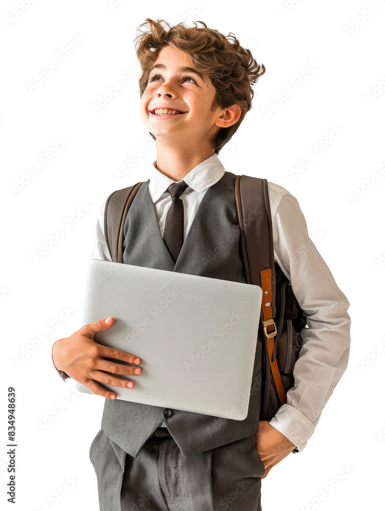 Young student wear school uniform holding laptop Young student wear school uniform holding laptop