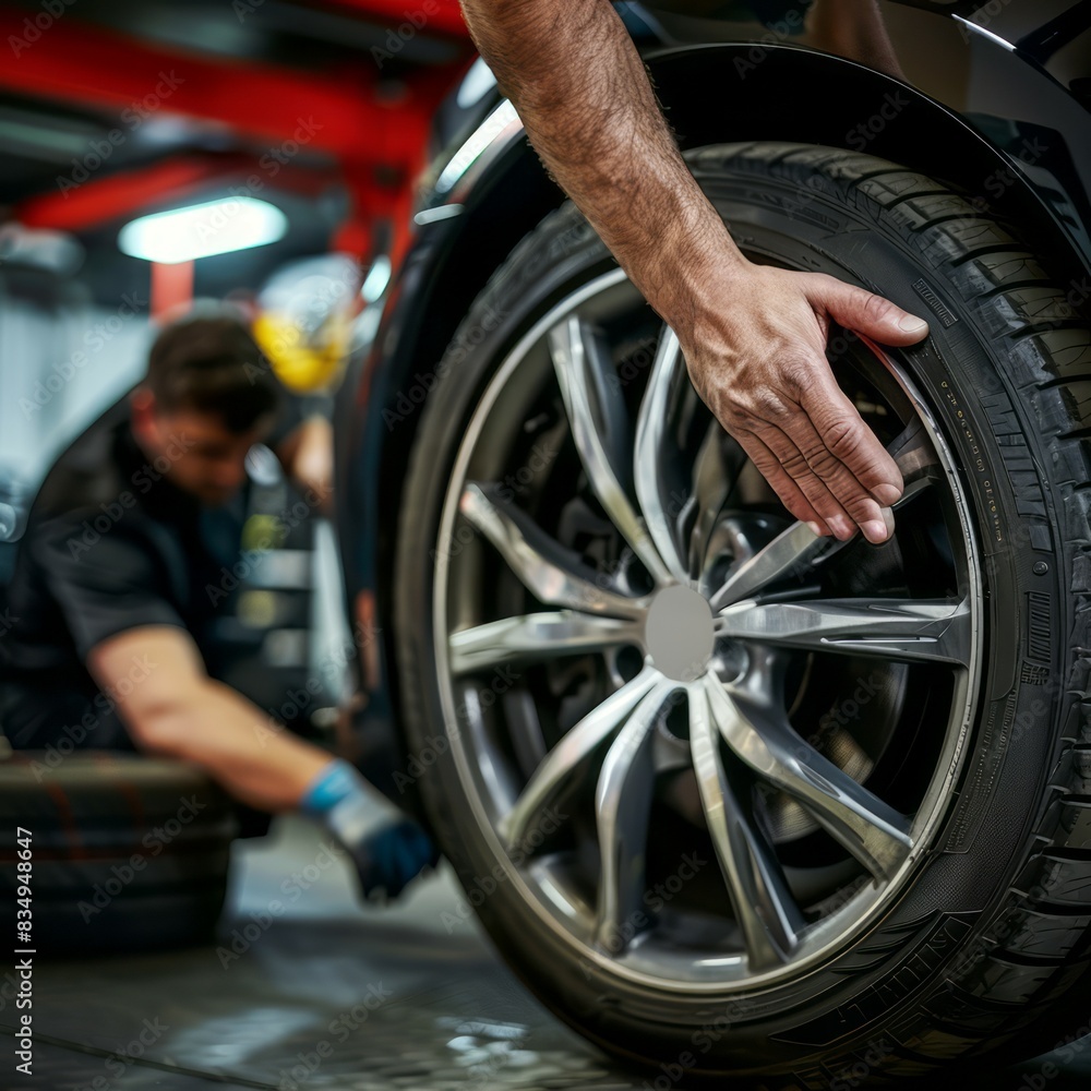 Mechanics at Work in Expert Tire and Wheel Service Garage Mechanics at Work in Expert Tire and Wheel Service Garage