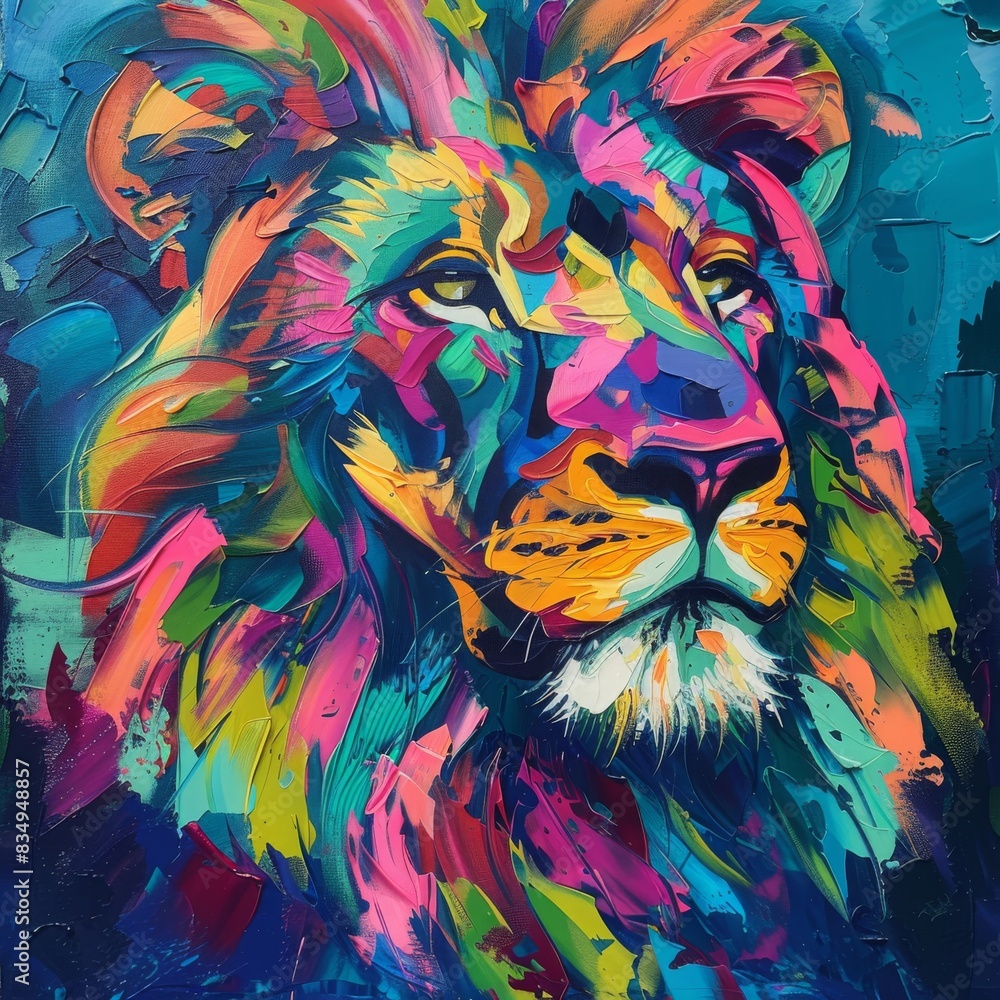 Fototapeta vibrant acrylic lion painting, multi colors, nature, wildlife