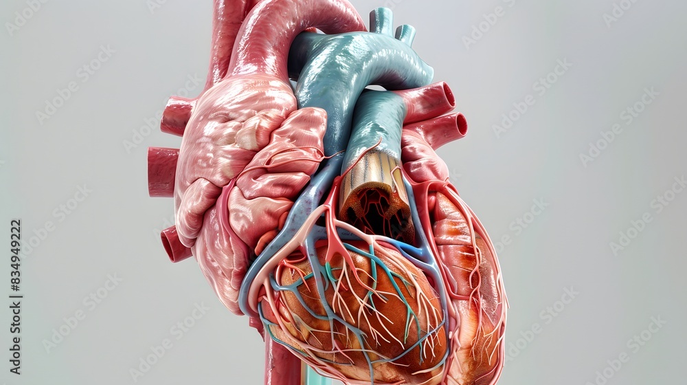 A 3D illustration of a human heart with a cross-sectional view, showing the interior anatomy including chambers, valves, and blood vessels. The background is a simple, light gray. Settings: A 3D illustration of a human heart with a cross-sectional view, showing the interior anatomy including chambers, valves, and blood vessels. The background is a simple, light gray. Settings: