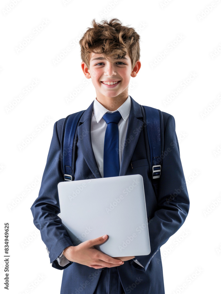 Young student wear school uniform holding laptop Young student wear school uniform holding laptop