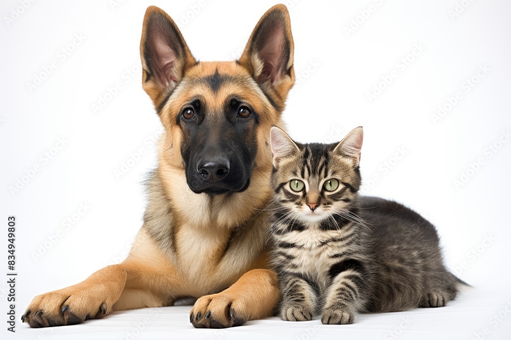 Cute dog and cat together isolated on white background with copy space Cute dog and cat together isolated on white background with copy space
