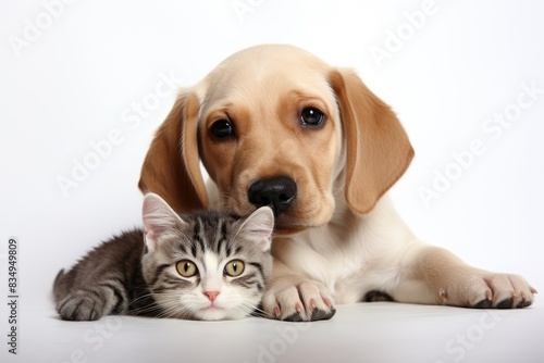 Cute dog and cat together isolated on white background with copy space