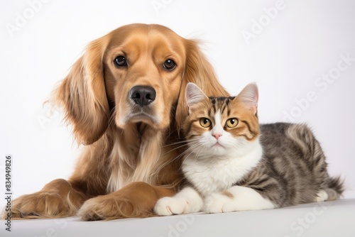 Cute dog and cat together isolated on white background with copy space