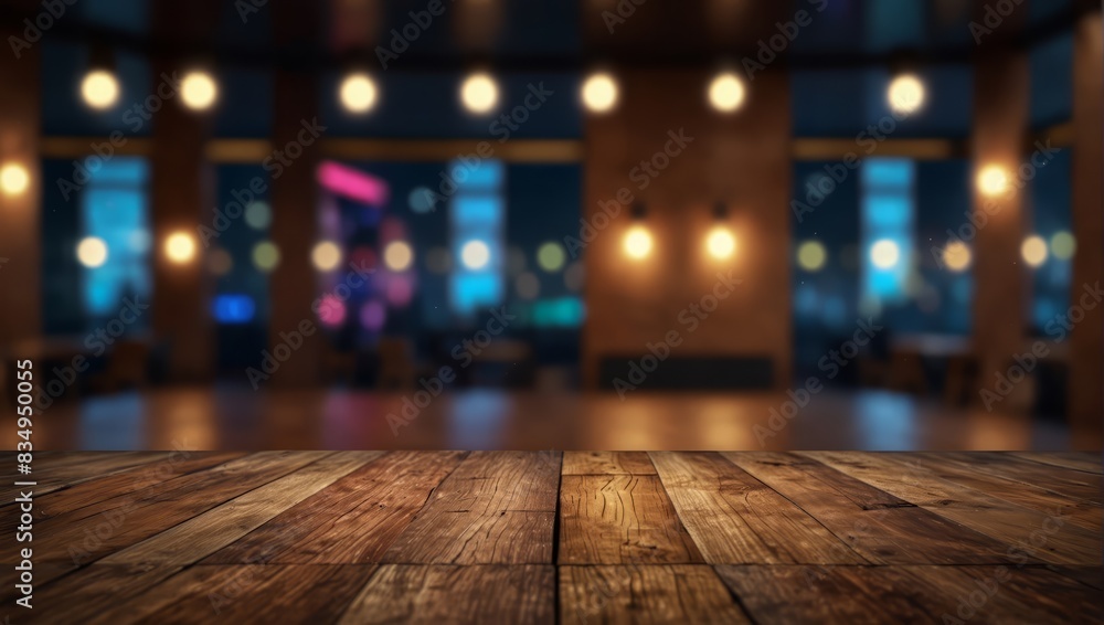 Empty wood table top on abstract blurred game center shop and nightclub lights background - can be used for display or montage your products. Empty wood table top on abstract blurred game center shop and nightclub lights background - can be used for display or montage your products.