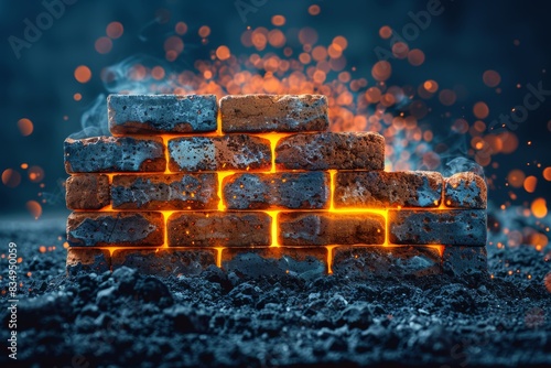 Glowing hot bricks with sparks and embers in a dark setting