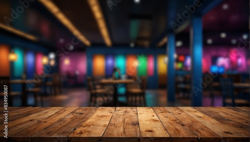 Wallpaper Mural Empty wood table top on abstract blurred game center shop and nightclub lights background - can be used for display or montage your products. Torontodigital.ca