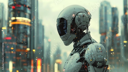A robot stands in the middle of a city, surrounded by tall buildings © Natthakan