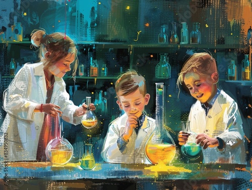 Kids having fun while learning chemistry photo