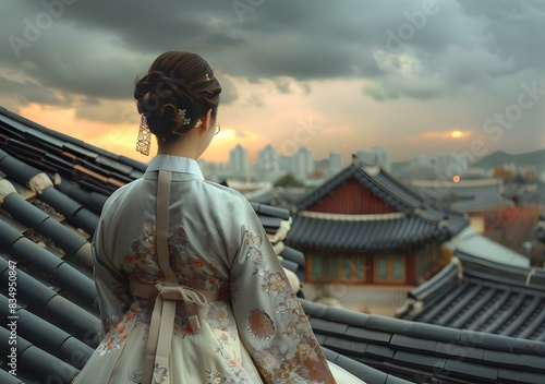A woman wearing a hanbok is looking at the Gyeongbokgung Palace in Seoul, South Korea. photo