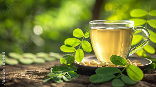 cup of moringa tea with fresh moringa leaves on a table close-up