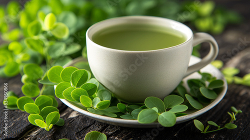 cup of moringa tea with fresh moringa leaves on a table close-up