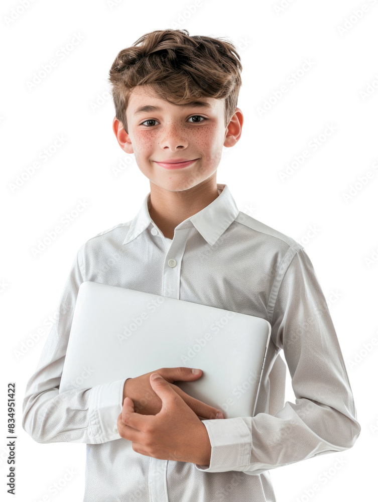 Young student wear school uniform holding laptop Young student wear school uniform holding laptop