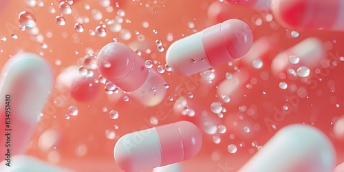 white and pink pills falling on light coral background, 