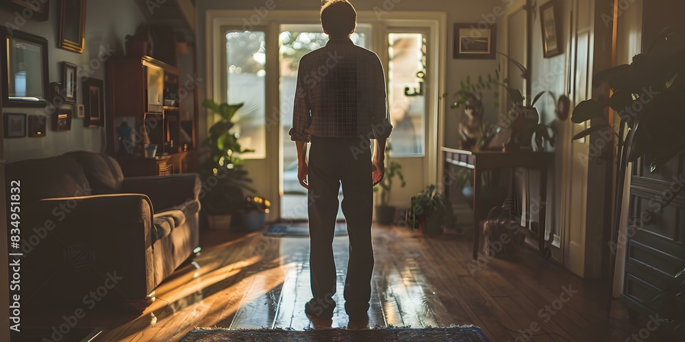 A man standing in a doorway looking out at the sun A man standing in a doorway looking out at the sun