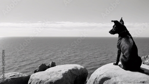 Black White photo of a lone dog sitting at the ocean shore, depiction of loneliness solitude and vastness of water as well as a view of infinite horizon