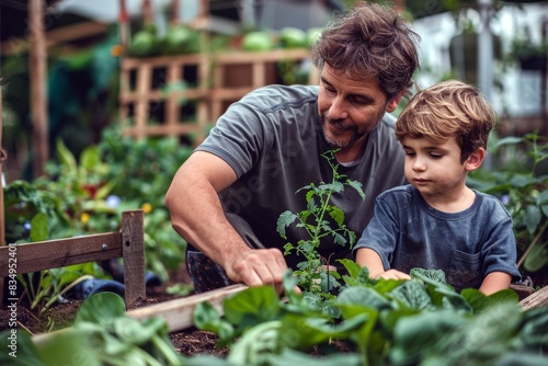 Wallpaper Mural Father and son gardening together in a lush vegetable garden Torontodigital.ca