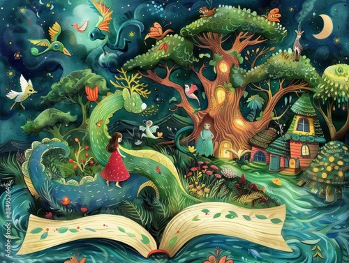The illustration shows a fairy tale about a girl who meets a dragon in the forest. The dragon is friendly and the girl is not afraid of it. They become friends and play together. © Pachara