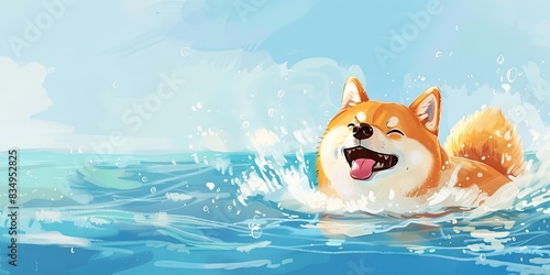 Adorable fluffy shiba inu doge swimming in the pool