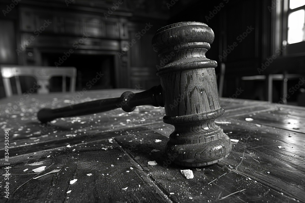 Wooden table with a hammer on it in a room Wooden table with a hammer on it in a room