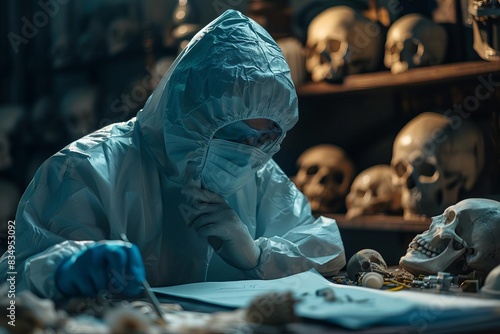 A forensic scientist studying the contents of a victims belongings for clues focus on evidence analysis, mystery theme, dynamic, overlay, evidence room backdrop photo