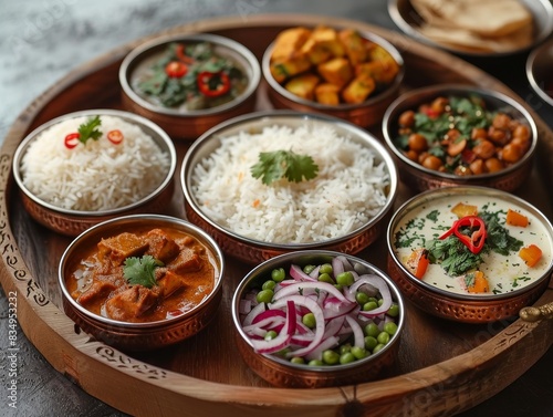 A wooden tray with a variety of Indian food, including rice, peas