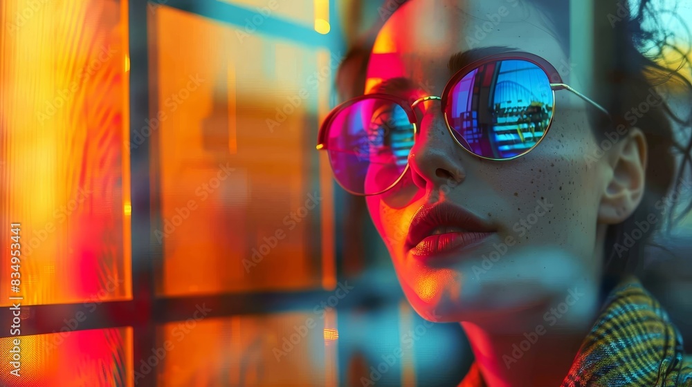 A woman wearing sunglasses and a yellow and black jacket A woman wearing sunglasses and a yellow and black jacket