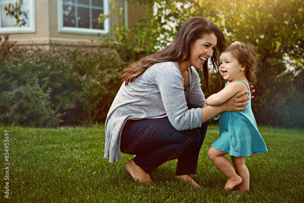 Mother, daughter and bonding with playing in garden for fun activity, support or smile outdoor in home. Family, woman and child on grass of house with care, mockup and healthy relationship in nature Mother, daughter and bonding with playing in garden for fun activity, support or smile outdoor in home. Family, woman and child on grass of house with care, mockup and healthy relationship in nature