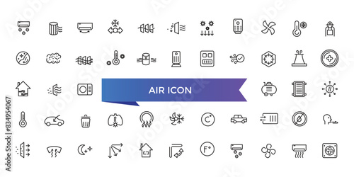 Air icon collection. Related to ventilation, air conditioner, fan, wind, blow, oxygen, breathe, CO2, pollution and more. Vector Line icons set.