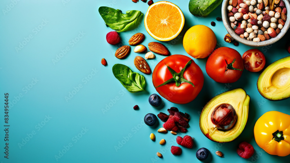 Background with a variety of fresh fruits and vegetables. Among them are strawberries, oranges, tomatoes, avocados, almonds, spinach leaves, lentils in a bowl and other green vegetables. healthy food Background with a variety of fresh fruits and vegetables. Among them are strawberries, oranges, tomatoes, avocados, almonds, spinach leaves, lentils in a bowl and other green vegetables. healthy food