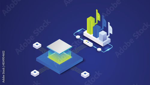 Artificial Intelligence banner, big data, cloud computing, machine learning, information mining concept isometric icon, vector