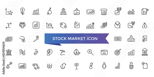 Stock market icon collection. Related to stocks, stock exchange, financial goal, shares, investment, bull market, bear market and investment icons.