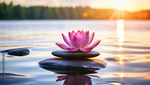A pink lotus flower rests on a stack of smooth stones. It sits on a calm water surface where the sun rises and sets. The theme evokes a feeling of calm and tranquility  meditation and relaxation.