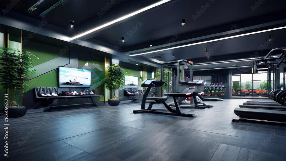 A modern gym with various equipment for training. Inside you can see strength training machines, free weights, benches and treadmills.