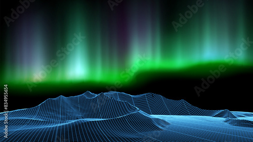 Three dimension Line art vector of aurora borealis above a mountain range