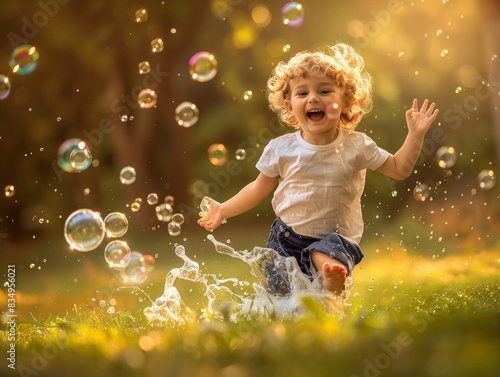 The photo shows a joyful toddler boy running through a field of long green grass, with bubbles floating through the air around him.