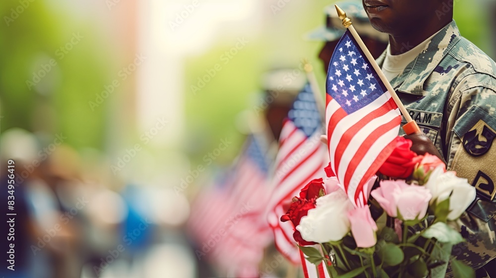 Blossoms of Remembrance: Soldiers in Memorial Day Parade Holding Vibrant Flowers with Copy Space Blossoms of Remembrance: Soldiers in Memorial Day Parade Holding Vibrant Flowers with Copy Space