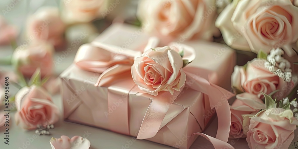 Elegant present gift box with satin ribbon and fresh roses on table. Elegant present gift box with satin ribbon and fresh roses on table.