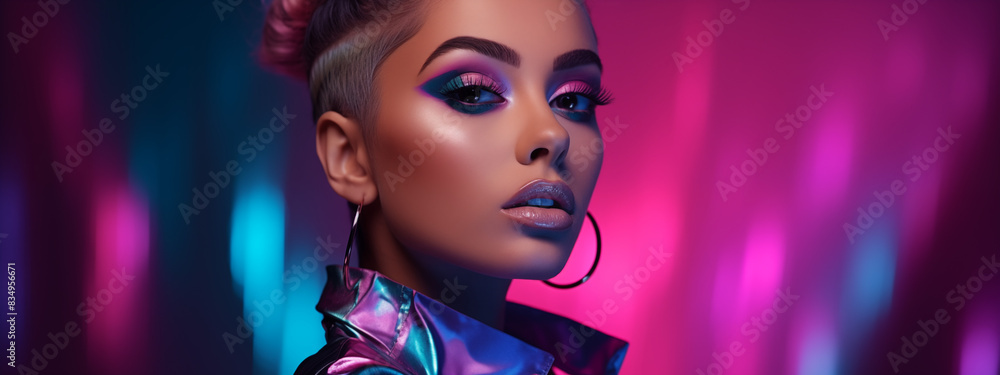 Fototapeta premium Modern Glamour Woman with Vibrant Makeup and Shaved Side Hairstyle