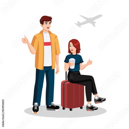 Young couple with suitcase, backpack showing thumbs up at the airport before flight. Travelling concept, flat design, cartoon style. People waiting in airport. Vector illustration