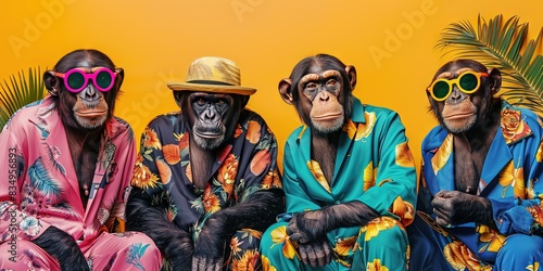 Group of chimps in funky Wacky wild mismatch colourful outfits