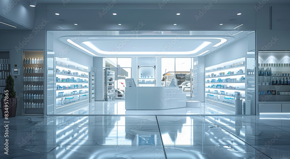 Pharmacy pop out store, no people, self service, glass door. Generative AI. Pharmacy pop out store, no people, self service, glass door. Generative AI.
