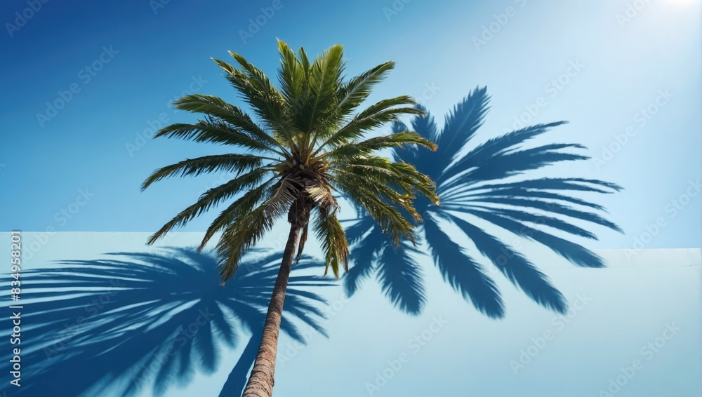 Obraz premium Summer concept. Palm tree shadow on a blue background.