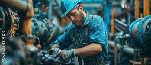 A plumber replacing old pipes in an industrial setting focus on replacement, industrial theme, vibrant, composite, factory backdrop