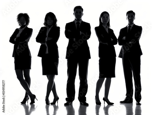 Five silhouetted business professionals stand confidently with arms crossed, exuding authority and unity.