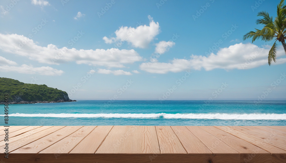 Fototapeta premium Ocean-inspired wooden countertop with serene seascape background for eco-friendly product presentation