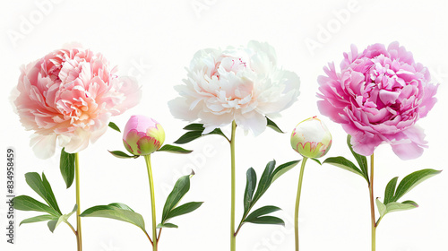Four of different beautiful peony flowers on white background