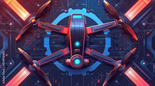 Futuristic high-tech drone with sleek design on a glowing digital background. Perfect for technology, innovation, and aerial photography themes. photo