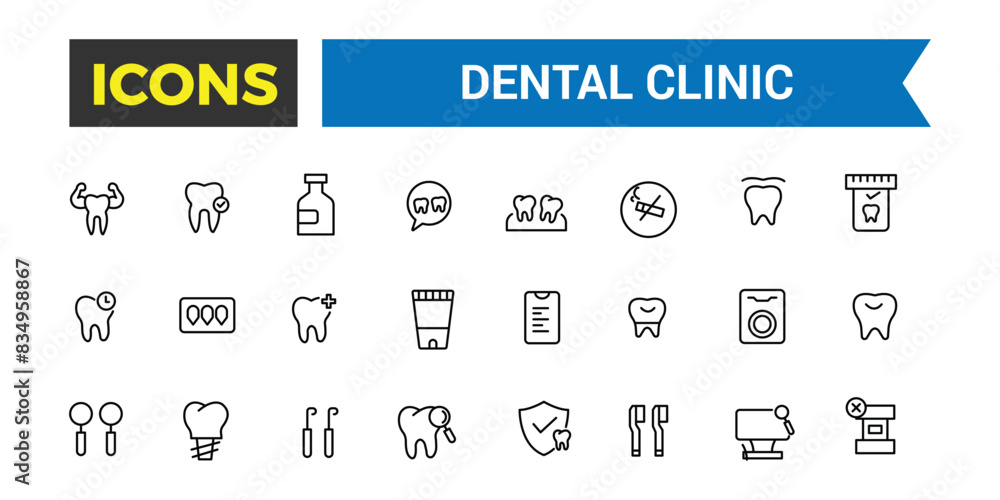 Dental clinic icon set. Outline icons pack. Editable vector icon and illustration. Dental clinic icon set. Outline icons pack. Editable vector icon and illustration.